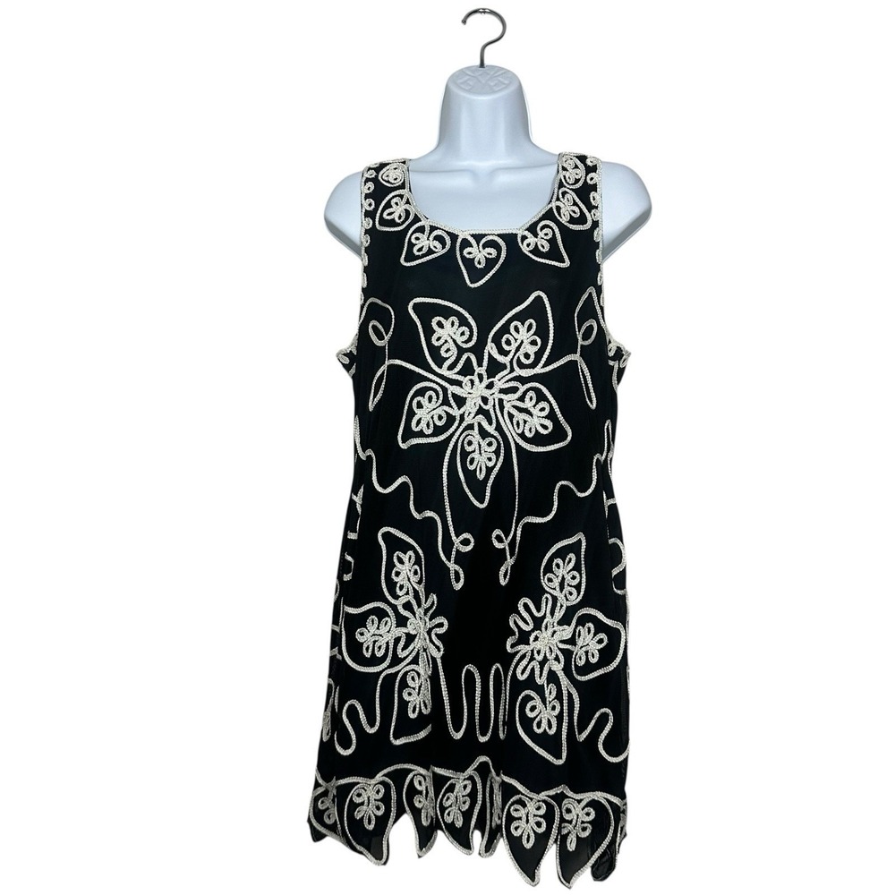 Pretty Angel Black Mini Dress‎ Size L White Cord Embroidery Boho Abstract
